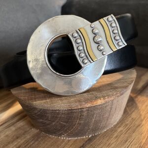 Chicos Mohican 1762 Trouser Belt Adjustable Black Leather Silver Gold Metal - ML